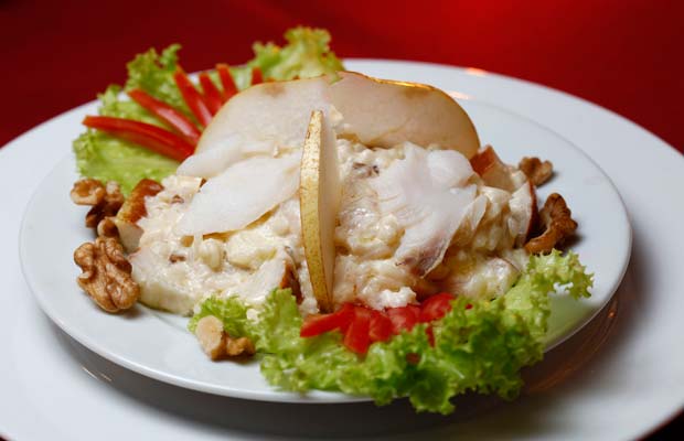 Risoto de bacalhau, pêra e nozes<br>