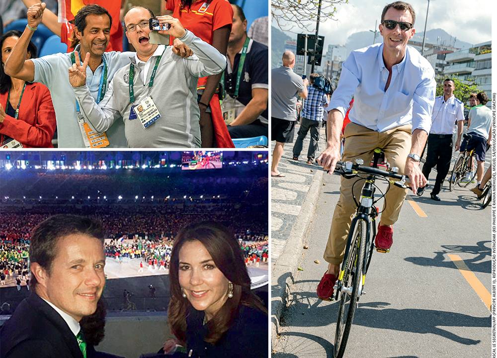 Nobres em momentos explícitos de curtição no Rio: o príncipe Joachim, da Dinamarca, passeia de bicicleta na orla, enquanto seu irmão e futuro rei, Frederik, posta foto no Instagram com a princesa Mary (abaixo à esq.). O príncipe Albert II, de Mônaco, se diverte na arquibancada (acima á esq.)