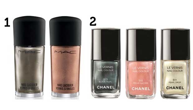 (1) Esmaltes Nail Lacquer, da M.A.C, nas cores Soirée (bronze dourado) e Very Important Platinum (metal escuro). Sugestão de preço: R$ 52*, cada; (2) esmaltes perolados de inverno da Chanel. Sugestão de preço: R$ 90*, cada<br>