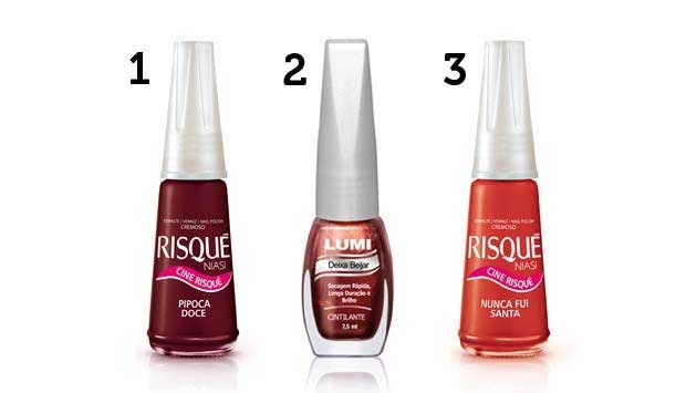 (1) Esmalte Pipoca Doce (R$ 2,75*), da Risqué; (2) esmalte Deixa Beijar (R$ 2.60*), da Lumi; esmalte Nunca Fui Santa (R$ 2,75*), da Risqué<br>