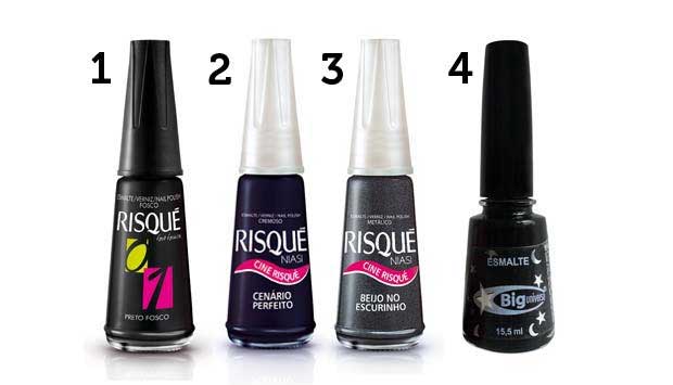 (1) Esmalte Preto Fosco (R$ 2,75*), da Risqué; (2) esmalte Cenário Perfeito (R$ 2,75*),<br>da Risqué; (3) esmalte Beijo no Escurinho (R$ 2,75*), da Risqué; esmalte preto (R$ 10*), da Big Universo<br>*Preços pesquisados em abril de 2011<br>