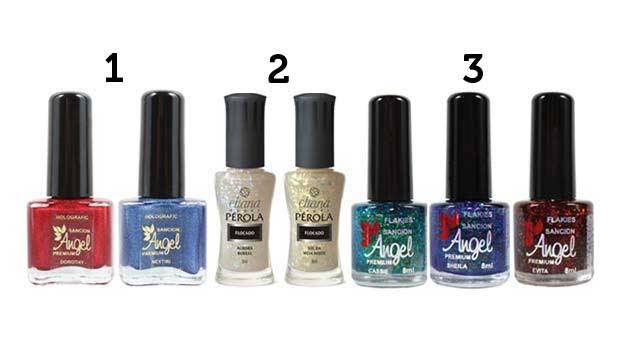 (1) Linha de esmalte Premium (R$ 10*), da Sancion Angel; (2) linha P&eacute;rloa, da marca Eliana (R$ 2*); e (3) cole&ccedil;&atilde;o Flakies tem verde, vermelho e azul, com flocos irregulares na f&oacute;rmula que promovem efeitos diferentes de acordo com a incid&ecirc;ncia de luz (R$ 1<br>
