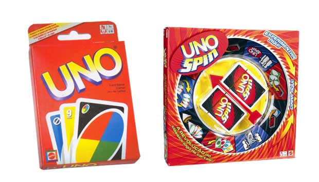 O jogo Uno, de cartas especiais em que o objetivo é terminar primeiro com suas cartas, faz sucesso desde a década de 70. No último ano, a Mattel lançou algumas variações que dão mais adrenalina ao jogo. Uma delas é o Uno Spin, em que uma roleta girada pod<br> O jogo Uno, de cartas especiais em que o objetivo é terminar primeiro com suas cartas, faz sucesso desde a década de 70. No último ano, a Mattel lançou algumas variações que dão mais adrenalina ao jogo. Uma delas é o Uno Spin, em que uma roleta girada pod<br>