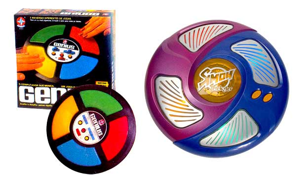 Lançado em 1980, o Genius foi o primeiro jogo eletrônico vendido no Brasil. O jogo consistia em memorizar uma sequência de cores e sons do brinquedo e repeti-la. O Simon Trickster é bem parecido, mas conta com três novas opções de jogo que aumentam o desa<br> Lançado em 1980, o Genius foi o primeiro jogo eletrônico vendido no Brasil. O jogo consistia em memorizar uma sequência de cores e sons do brinquedo e repeti-la. O Simon Trickster é bem parecido, mas conta com três novas opções de jogo que aumentam o desa<br>