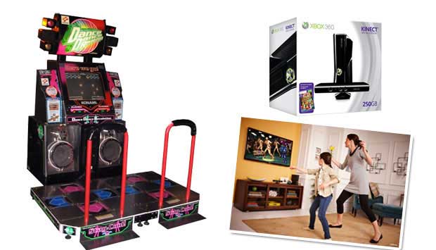 Originalmente criado para fliperamas, o Dance Dance Revolution foi adaptado com tapetes para ser jogado em casa. Consiste em pressionar setas com os pés no ritmo da música. Mas pressionar botões é passado! O Kinect, acessório do Xbox 360, capta com câmera<br>