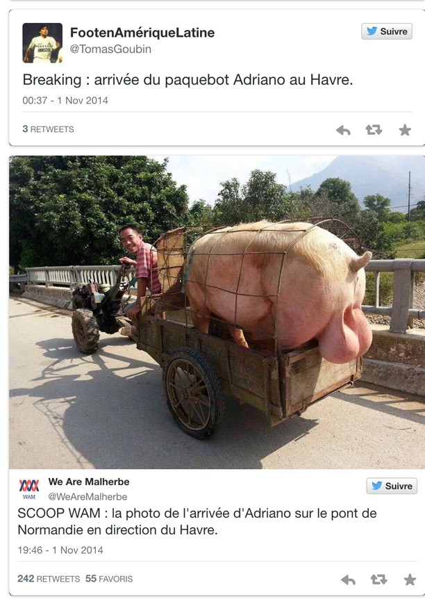 Adriano Imperador vira alvo de piada na França e é comparado a porco