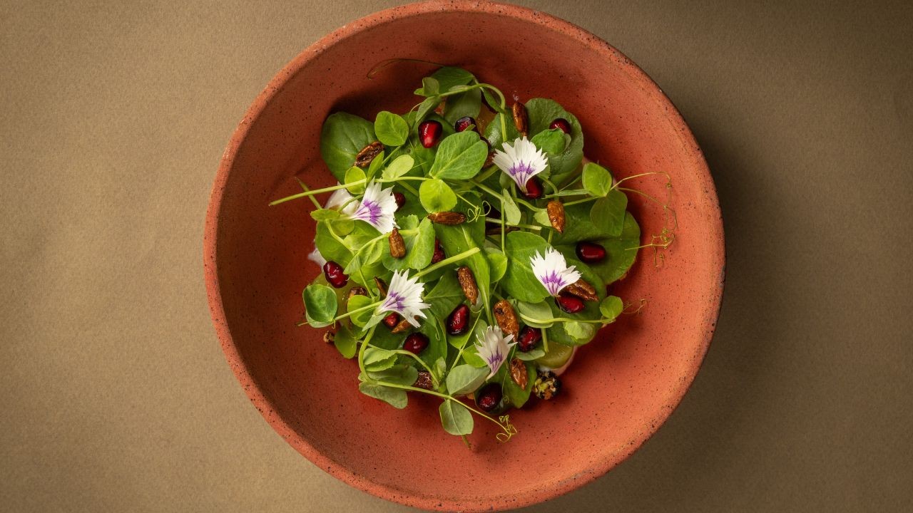 Salada vibrante em tigela de cerâmica rústica, com folhas verdes, sementes de romã vermelhas, flores brancas e roxas, e castanhas caramelizadas