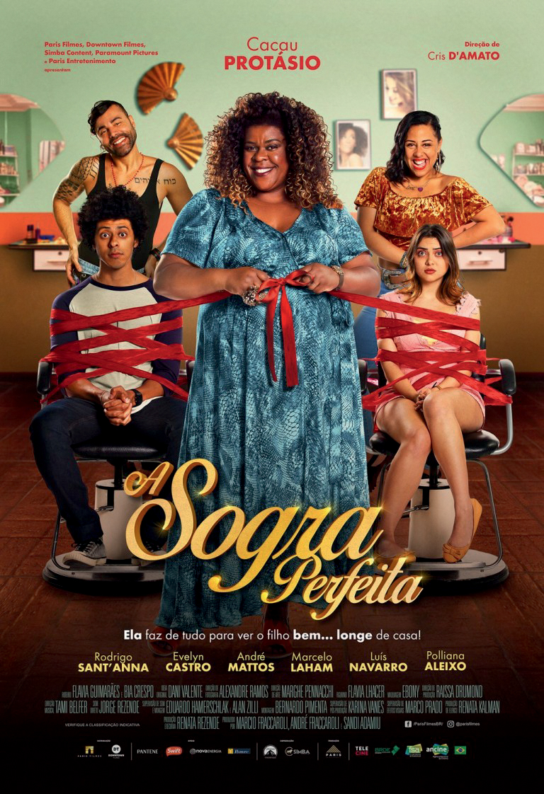 poster a sogra perfeita Cartaz do filmes A Sogra Perfeita mostra Cacau Protásio no centro de um salão de beleza. Nas laterais, dois jovens amarrados por ela e os atores Rodrigo Sant'Anna e Evelyn Castro sorrindo