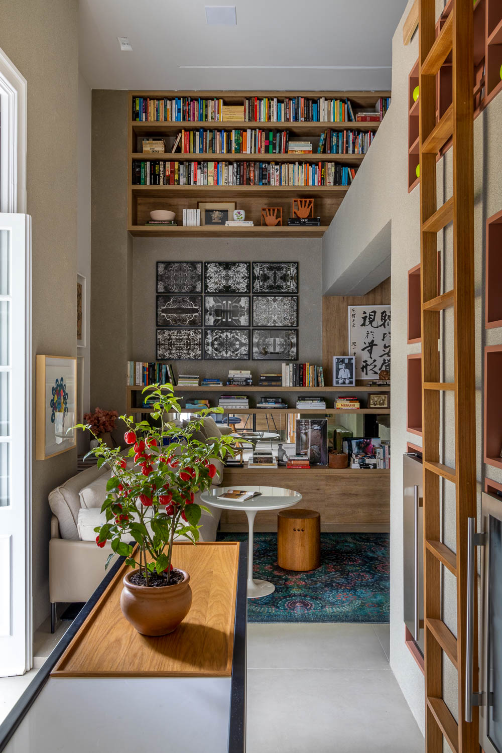 Sala de estar com bar e cozinha, com uma prateleira ao fundo e muitos livros