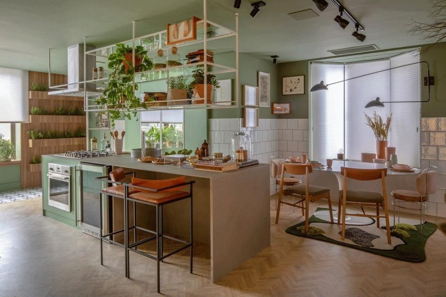 cozinha alecrim cozinha com ilha em tons de verde menta e bancada cinza