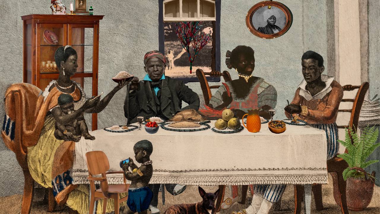 Pintura de Gê Viana mostra família negra à mesa, numa referência a pinturas de Debret
