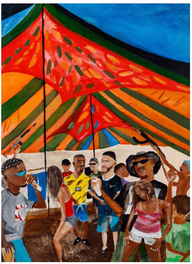 jota Pintura de Jota mostra jovens negros debaixo de uma tenda colorida, numa roda de samba