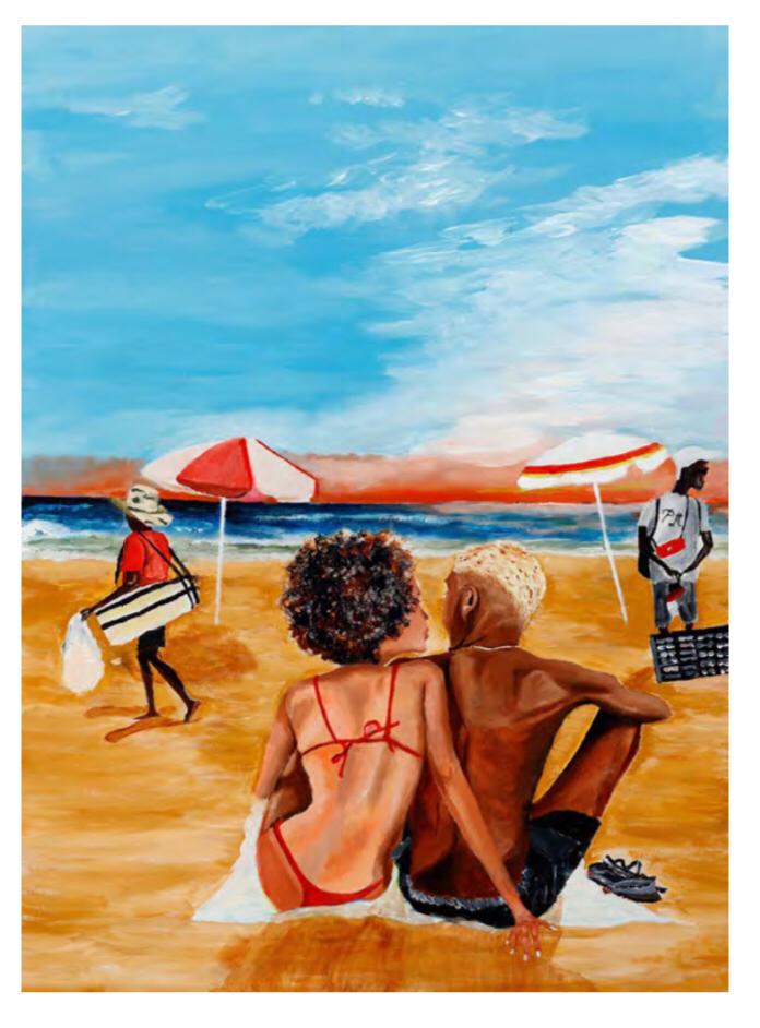 jota Pintura de Jota mostra casal negro na praia, de costas