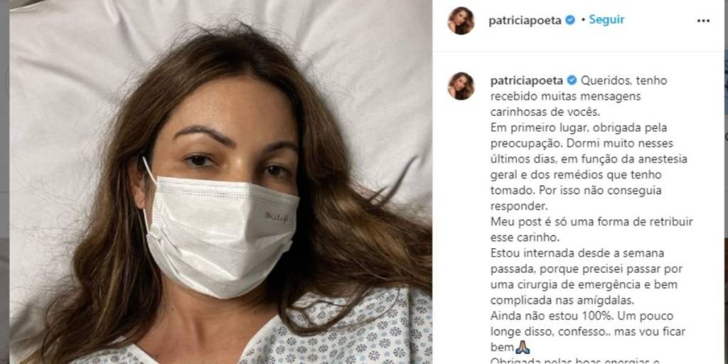 Patricia Poeta é internada às pressas e passa por cirurgia de emergência