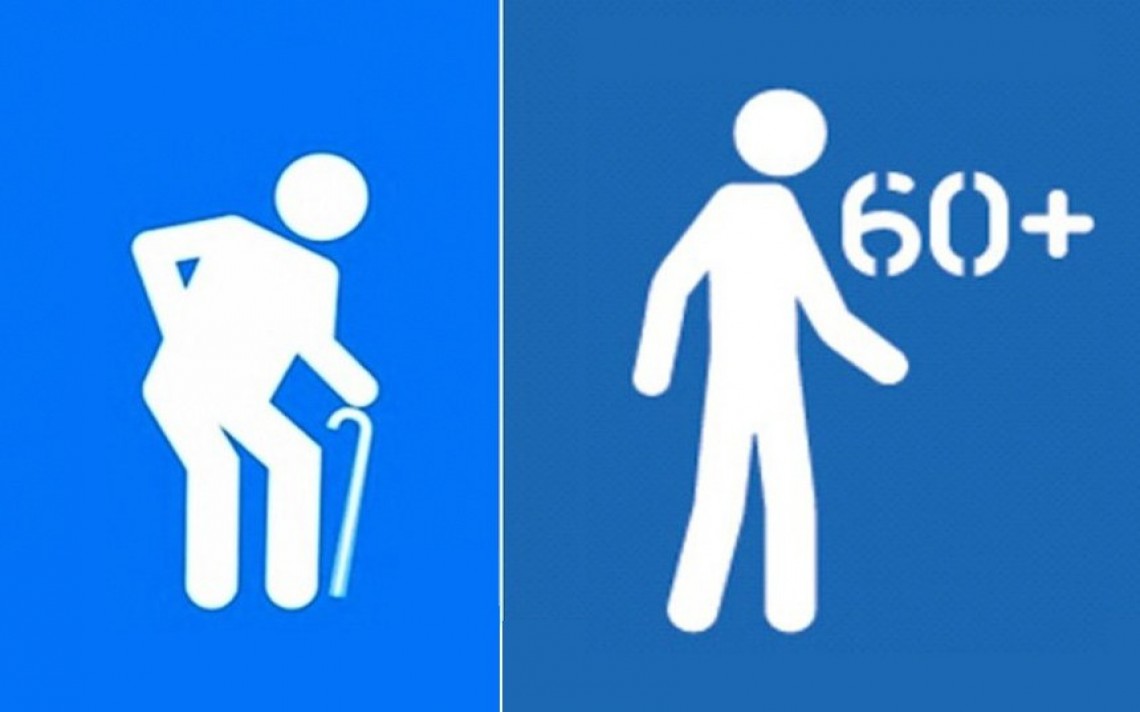 Foto mostra placas antes e depois que indicam idosos. Em uma o boneco segura uma bengala, em outra o boneco está em pé, ao lado do símbolo 60 mais