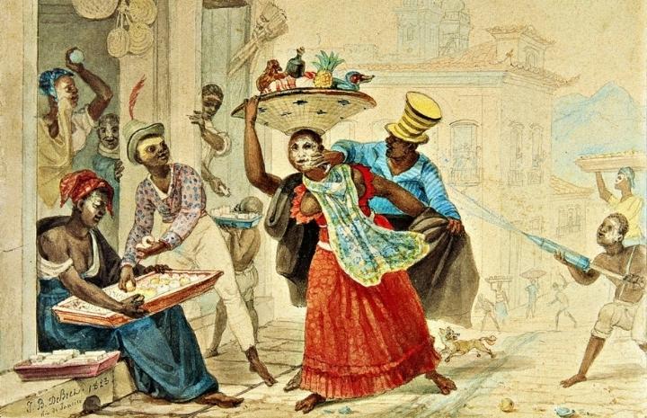 A brincadeira do entrudo, desenhada por Jean Baptiste Debret em 1835