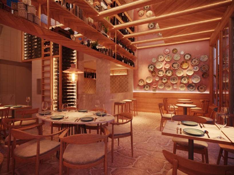 Estantes suspensas de vinho, ambiente construído em madeira e cerâmicas portuguesas na parede do novo Henriqueta Estantes suspensas de vinho, ambiente construído em madeira e cerâmicas portuguesas na parede do novo Henriqueta