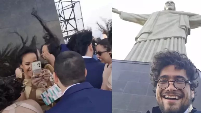 Foto mostra convidados de casamento enfrentando ventania no Cristo Redentor