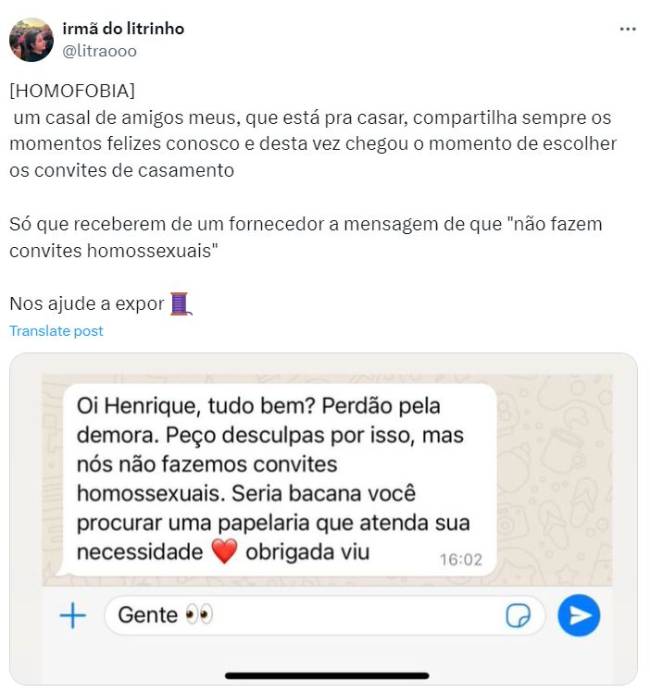 homofobia Casal tem pedido de convite de casamento negado por empresa por homofobia
