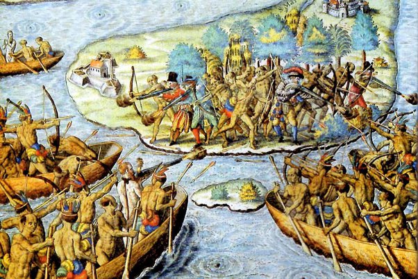 frança-antartica A imagem é uma gravura mostrando batalha entre tupinambás e temiminós, na Baía de Guanabara, na segunda metade do século XVI. A batalha acontece em canoas, perto da costa, que tem muitas árvores e ocas de uma aldeia próximas à luta. Vemos, em um dos lados, alguns europeus.