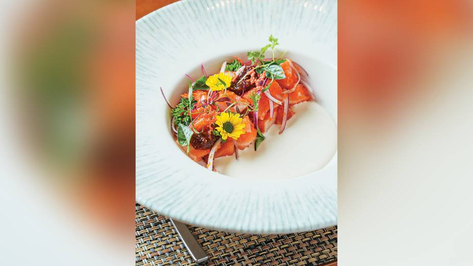 Salmão, burrata e tâmara: prato do Masi está em harmonia com a Baden Baden Peach