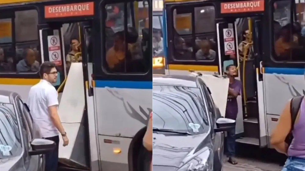 Homem tenta entrar com geladeira em ônibus, é barrado e xinga motorista