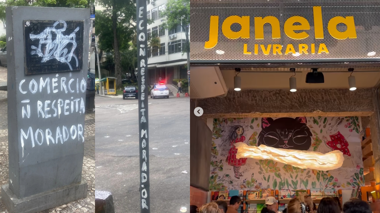 Vandalismo: moradores insatisfeitos com eventos em Laranjeiras picham patrimônio público após abertura da Livraria Janela.