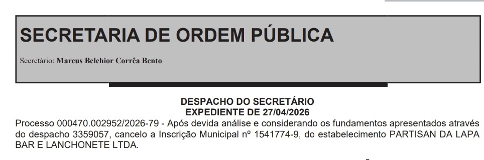 Despacho com o cancelamento da inscri&ccedil;&atilde;o municipal do bar Partisan