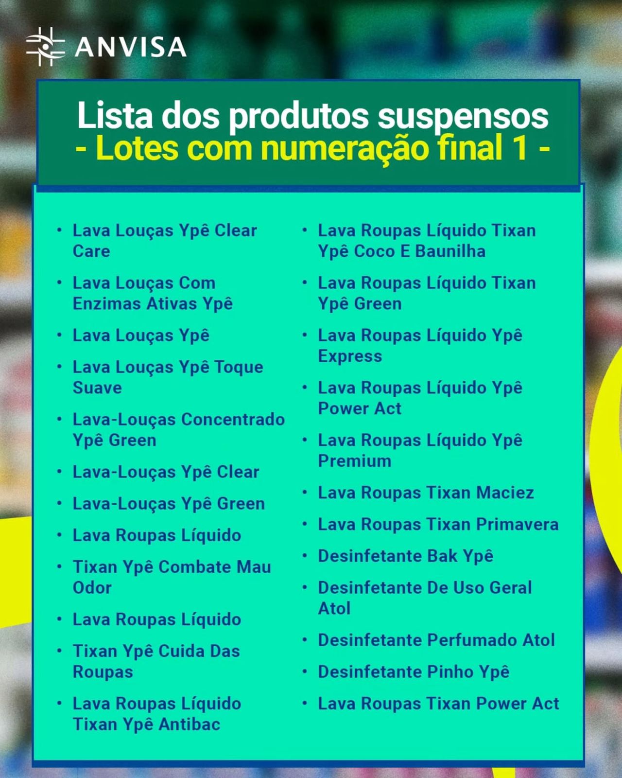 post da Anvisa com a lista dos produtos