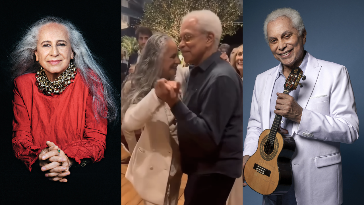 Montagem com três imagens: à esquerda, Maria Bethânia sorrindo, com cabelos grisalhos longos, blusa vermelha e colar dourado. Ao centro, Maria Bethânia e Paulinho da Viola dançando, sorrindo um para o outro, em um ambiente festivo. À direita, Paulinho da Viola sorrindo, de terno branco e camisa azul clara, segurando um cavaquinho