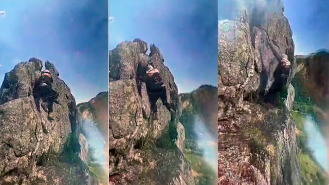 Três quadros de vídeo mostram um homem escalando uma rocha íngreme sob céu azul. No primeiro, ele está no topo, agachado. No segundo, desce pela lateral. No terceiro, está pendurado, descendo a rocha com uma mão, com vegetação verde e um vale ao fundo