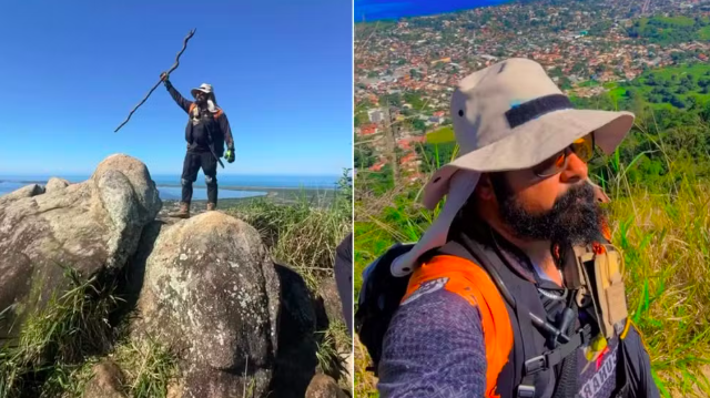 Homem barbudo com chapéu de sol e óculos escuros, vestindo roupa de trilha e mochila, em duas fotos. Na esquerda, ele está no topo de uma rocha, erguendo um cajado, com o mar e a cidade ao fundo. Na direita, um close do rosto dele, olhando para a direita, com a cidade e a vegetação abaixo