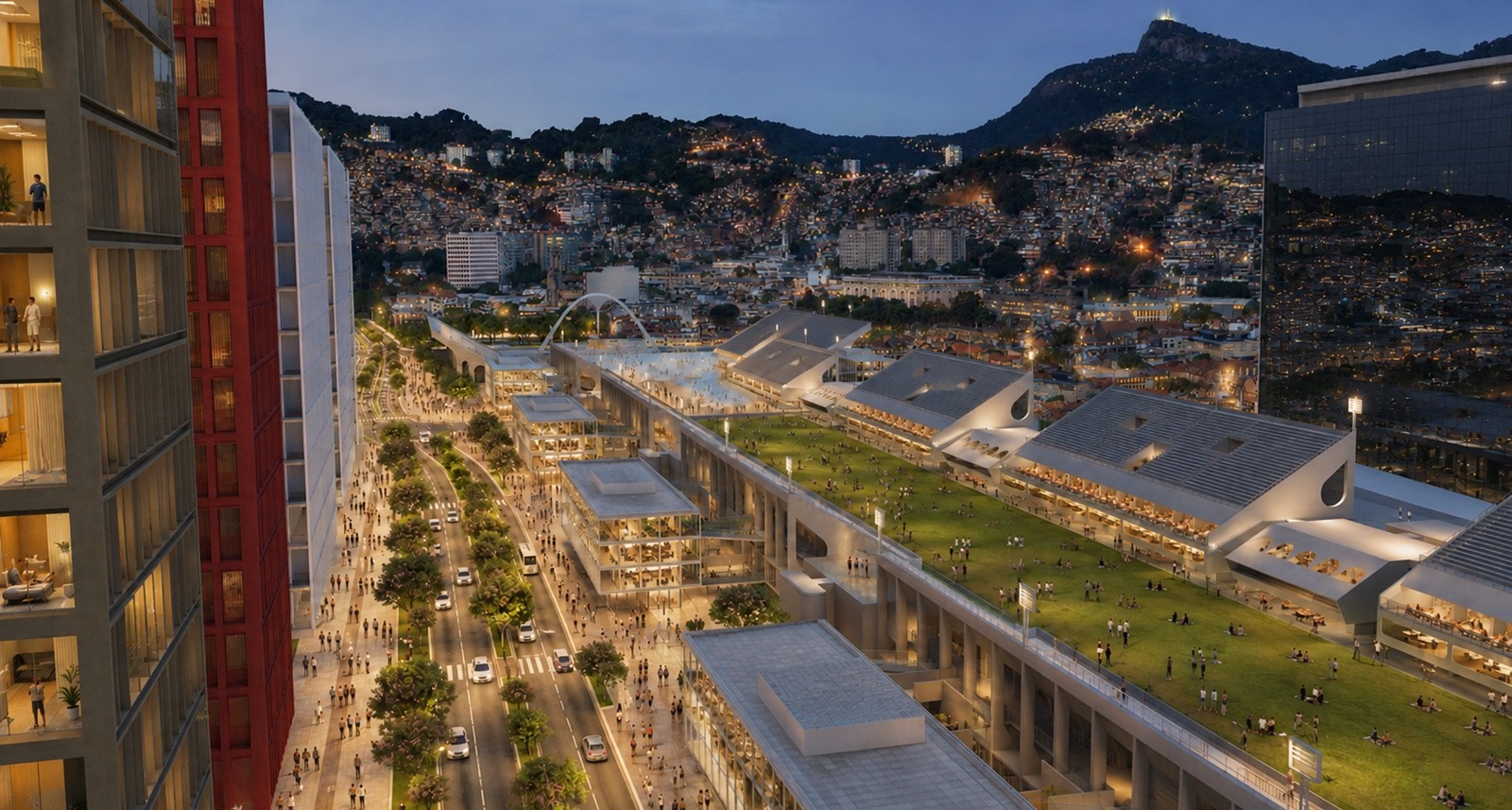 Vista a&eacute;rea noturna de uma cidade com edif&iacute;cios modernos iluminados, uma &aacute;rea verde com pessoas e montanhas ao fundo, incluindo o Cristo Redentor no topo do Corcovado