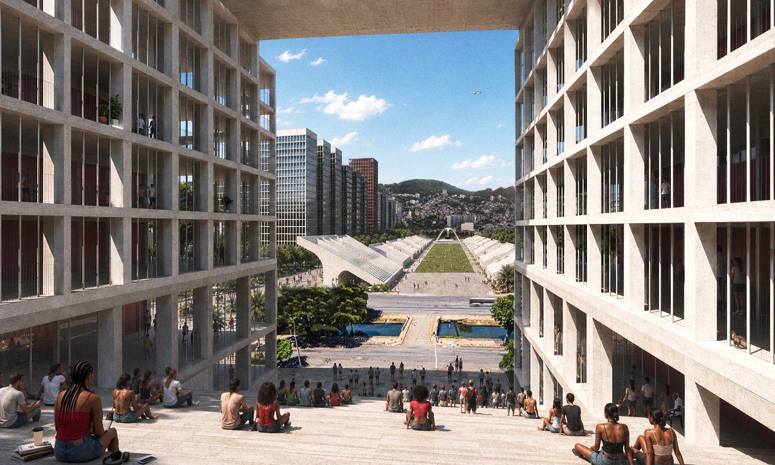 Pessoas sentadas em degraus de concreto, em primeiro plano, observam um vale com edif&iacute;cios modernos e uma &aacute;rea verde ao fundo, sob c&eacute;u azul
